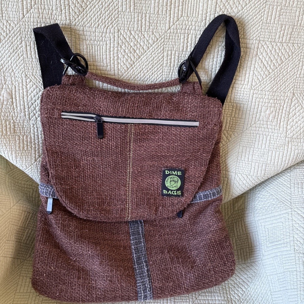 Dime Bags Hemp Backpack Brown Tweed Boho Zippers Shoulder Bag 14 x 13.5"